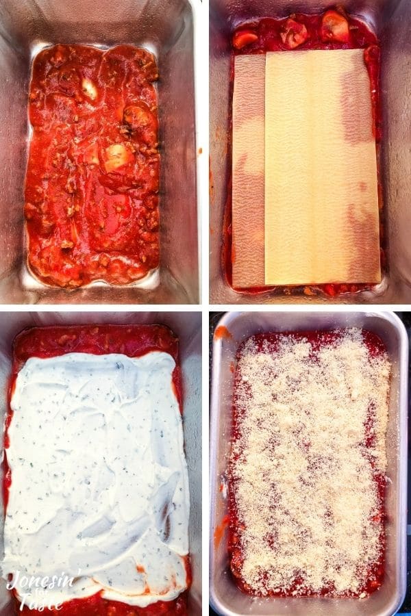 a 4 photo collage showing the steps to layer the lasagna