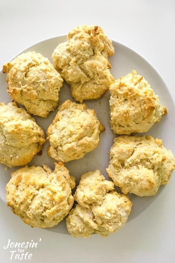 cooked drop biscuits on a white plate