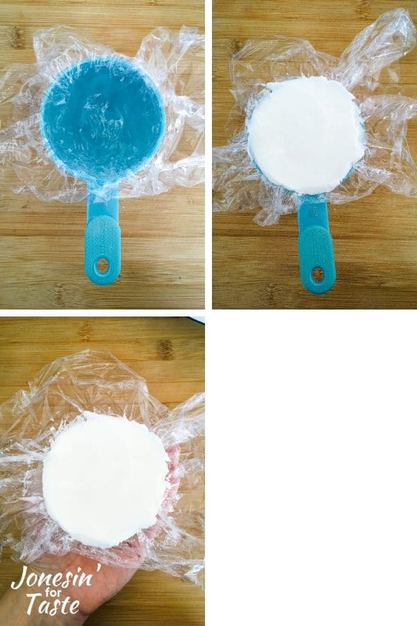a plastic wrap lined measuring cup filled with shortening