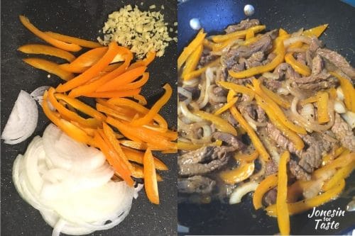 Collage of veggies prepped and a stir fry pan with veggies and meat cooking.