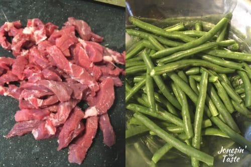 Collage showing sliced meat and trimmed green beans