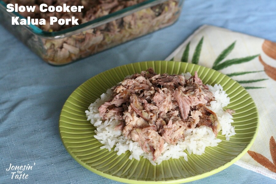 A closeup shot of a plate of Slow Cooker Kalua Pork and white rice