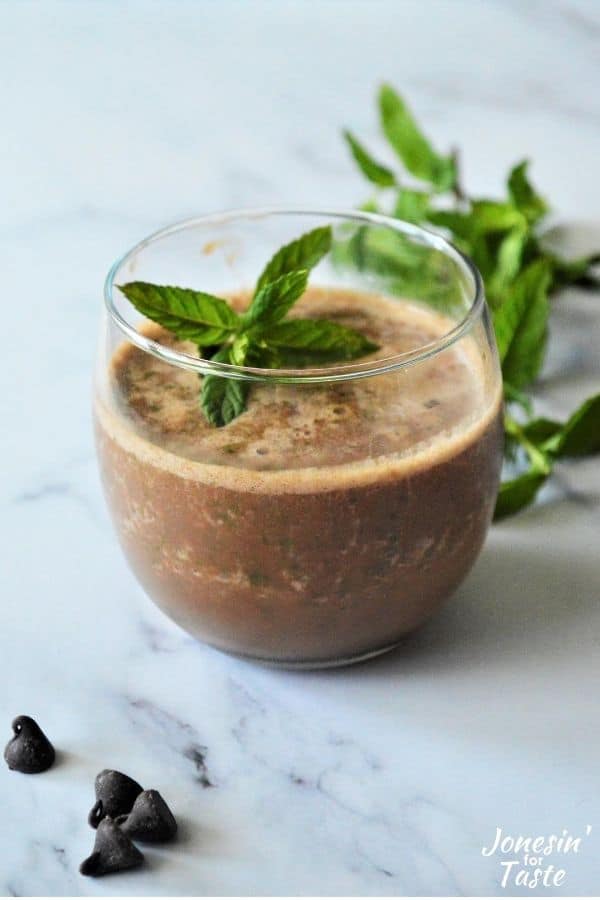 a cup of chocolate smoothie with a mint sprig in it