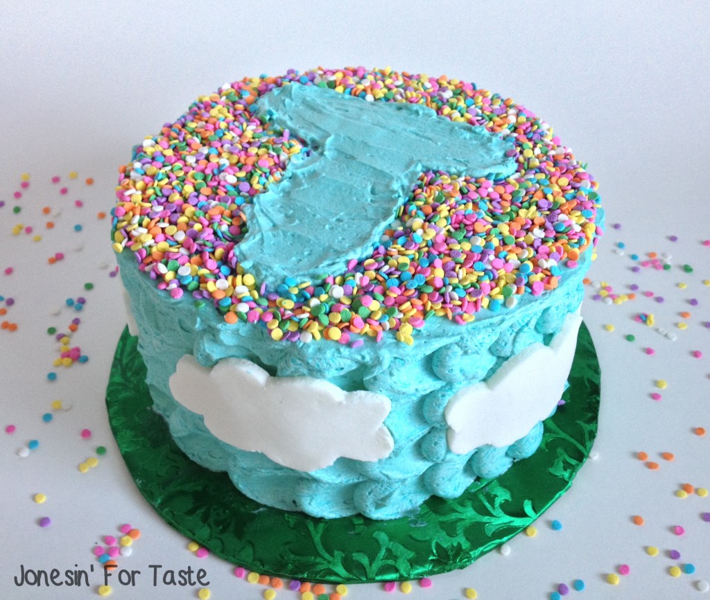 Sprinkle Initial Cloud Cake with homemade fondant clouds