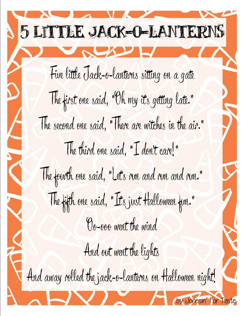 Five Little Jack o lanterns- A fun little Halloween poem with free kids coloring page.- Jonesin' For Taste  
