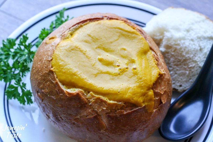 Pumpkin soup in a bread bowl