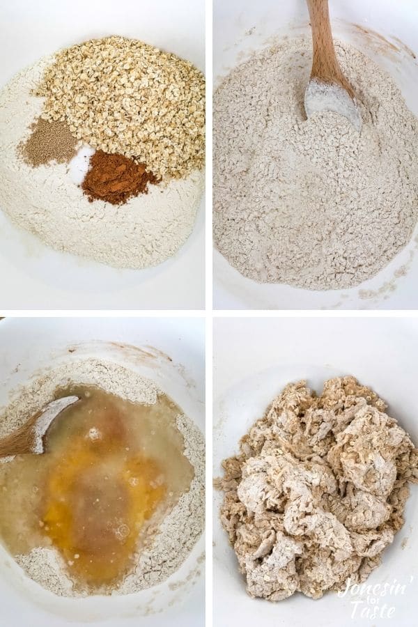 collage showing the first steps to making the bread dough