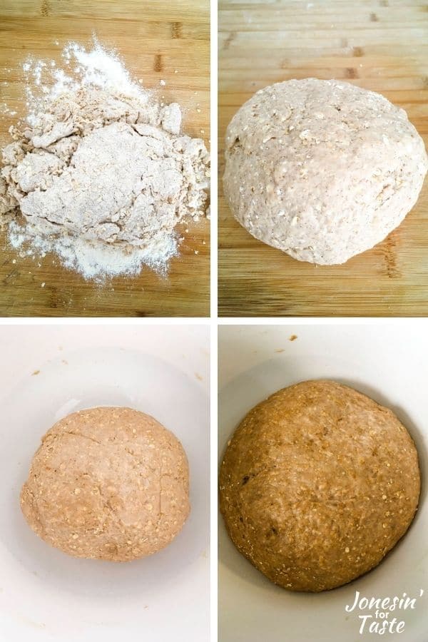 collage showing steps to forming the dough ball for proving