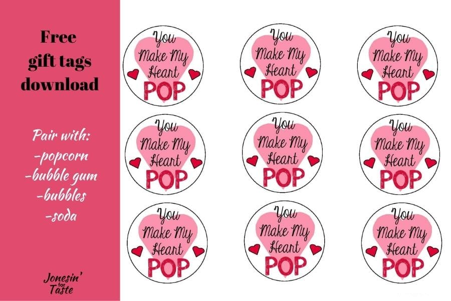 text collage with a picture of the you make my heart pop gift tags