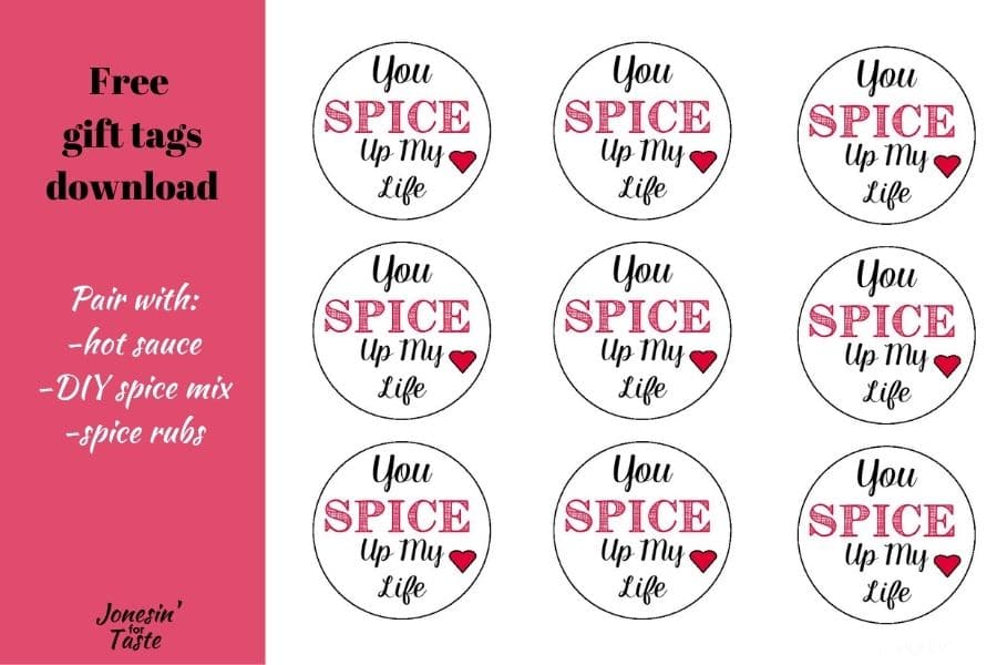 a text graphic with a picture of the you spice up my life printable tags next to it