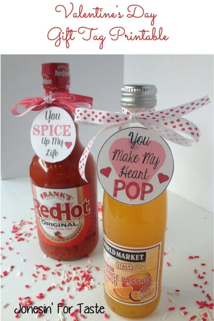 Two bottles, one hot sauce and one soda with Valentine's gift tags