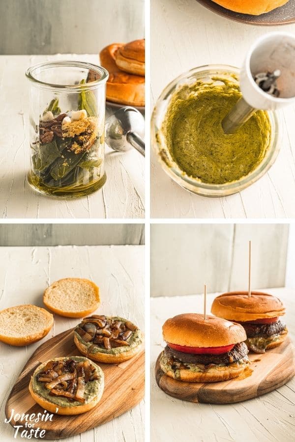 4 photo collage of how to make the pesto mayo and assemble the burgers