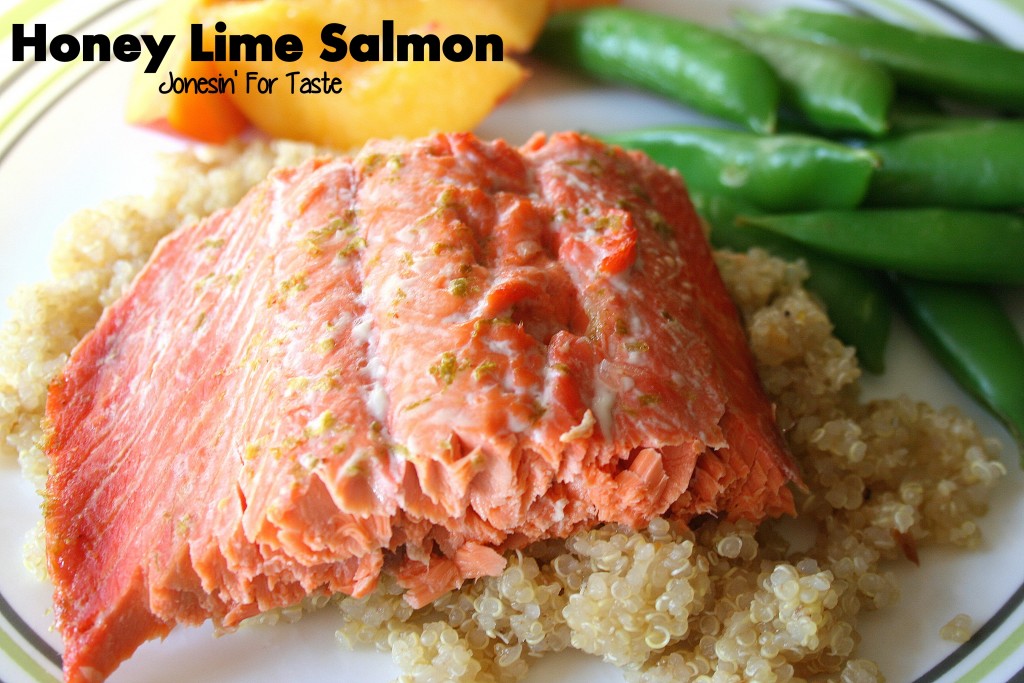 Honey Lime Salmon is a great option for an easy weeknight dinner.  Pair with quinoa and sugar snap peas for a healthy rounded meal.
