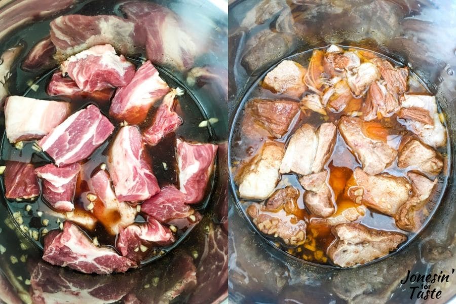 collage of the pork shoulder before and after being cooked