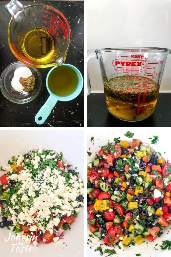 collage showing steps to make the dressing and salad