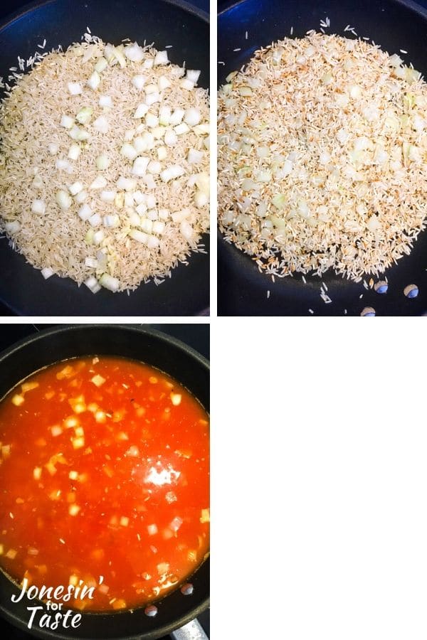 collage showing steps to make the rice
