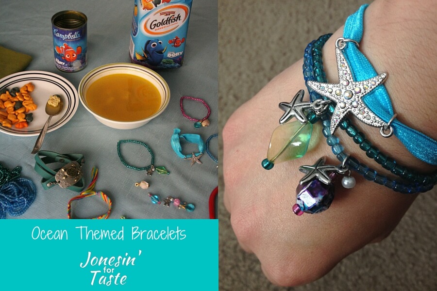 a collage showing Finding Dory themed Campell's products and bracelets