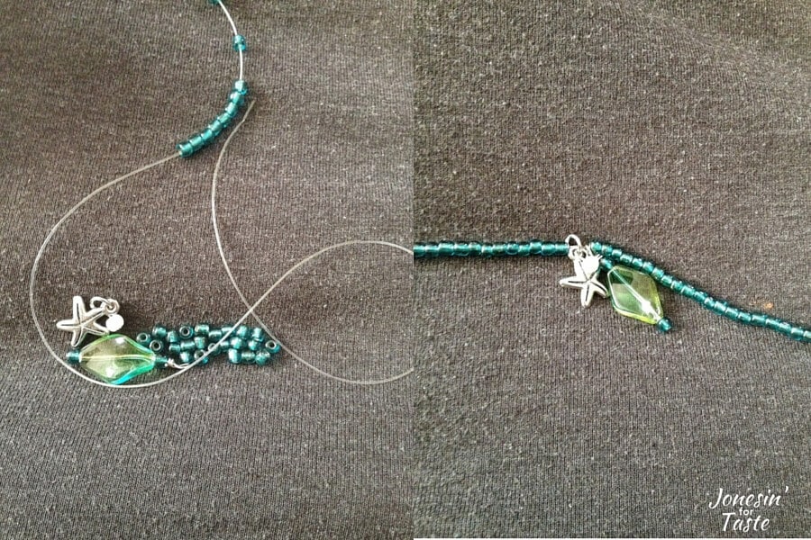 collage showing how to thread beads on a cord
