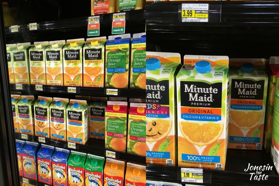 orange juice on the shelves in store