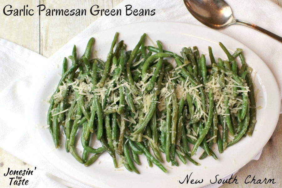 Parmesan Garlic Green Beans in a white dish on a table ready to be served 