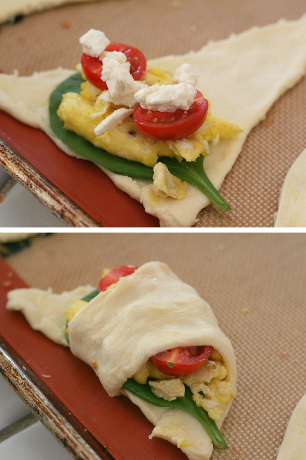 A collage showing how to wrap a filled breakfast croissant