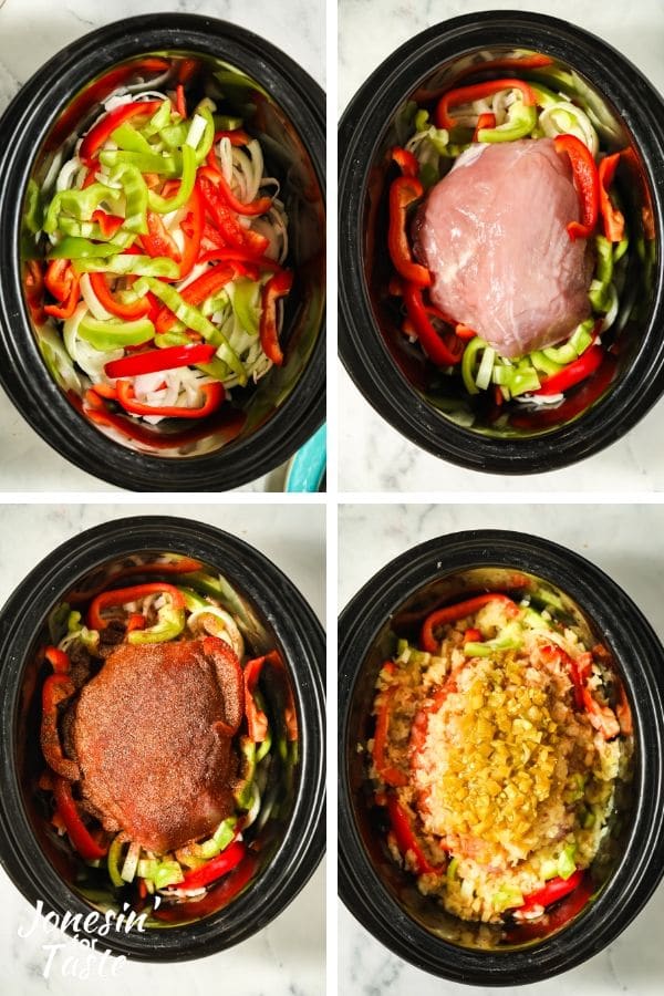 collage of steps to prepare the roast in the slow cooker