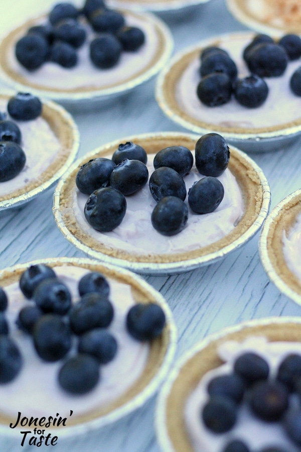 A group of Mini No Bake Blueberry Cheesecakes