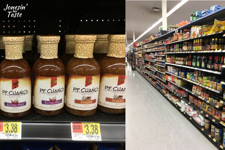 PF Chang's bottled marinade on the shelf in store with a picture of an aisle