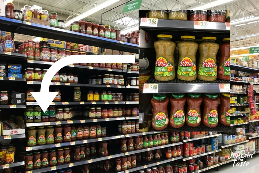 A photo of Pace Salsa Verde and where it's located in Walmart