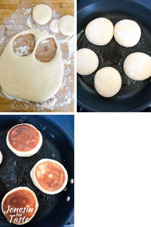 collage of pictures showing steps to cutting and cooking the muffins