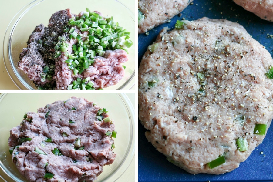 A collage showing the turkey burger ingredients in a bowl unmixed in the top left, bottom left is all the ingredients mixed together, and the right side shows a formed patty with additional black pepper ground on the outside.