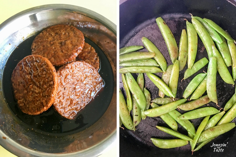 Marinating veggie burgers on the left and sauteed sugar snap peas on the right.