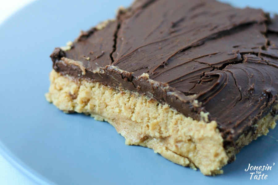 A creamy peanut butter base topped with chocolate.