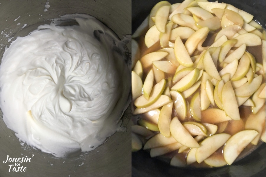 collage showing whipped cream on the left and spiced apples on the right
