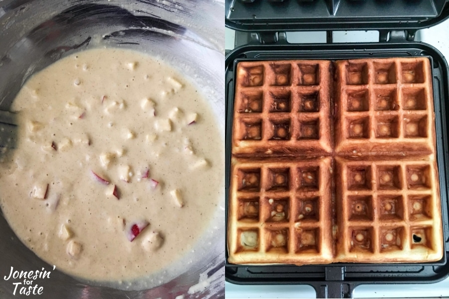 Collage with waffle batter on left and finished waffles in pan on the right
