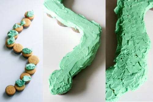 Step by step showing how to decorate the Basilisk cupcakes
