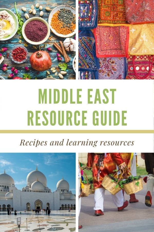 a 4 photo collage with text graphic in the center that reads Middle East Resource Guide, recipes and learning resources