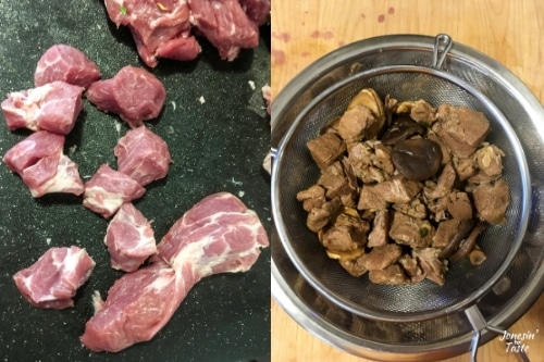 Collage of the uncooked pork cut up and then straining the soup to remove the mushrooms and ginger and garlic.