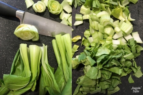 Collage showing how to chop the bok choy.