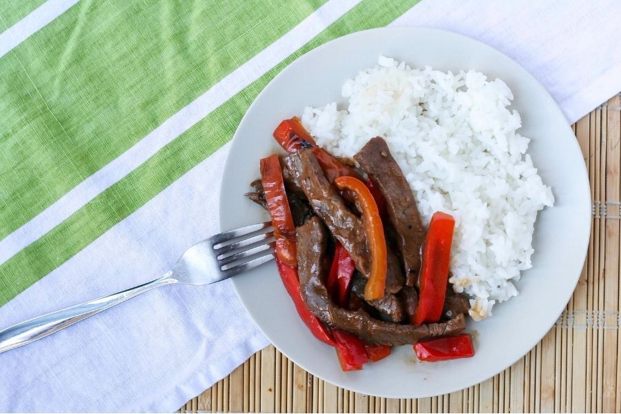 A plate of Asian pepper steak and rice