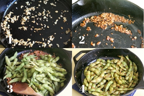 collage of step by step process to make garlic soy edamame