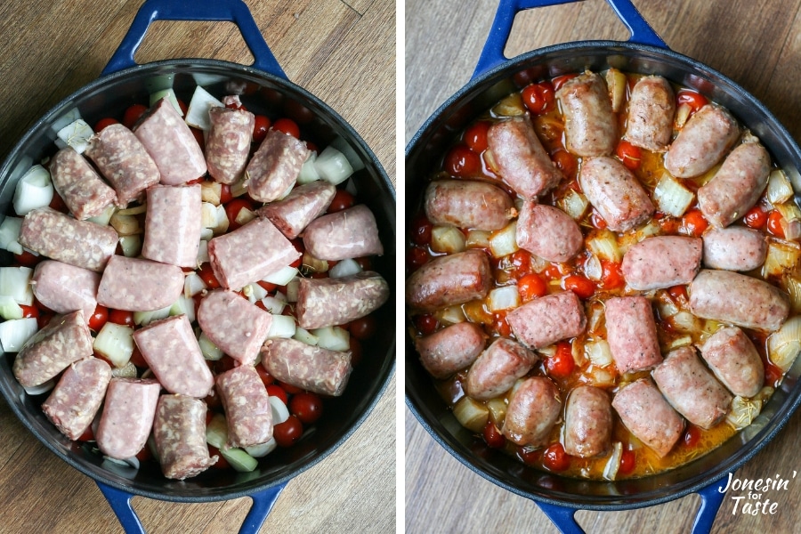 A before and after photo of the sausage and tomatoes in a pot