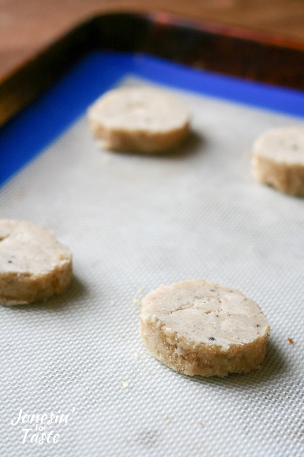 Lavender cookies on a cookie sheet