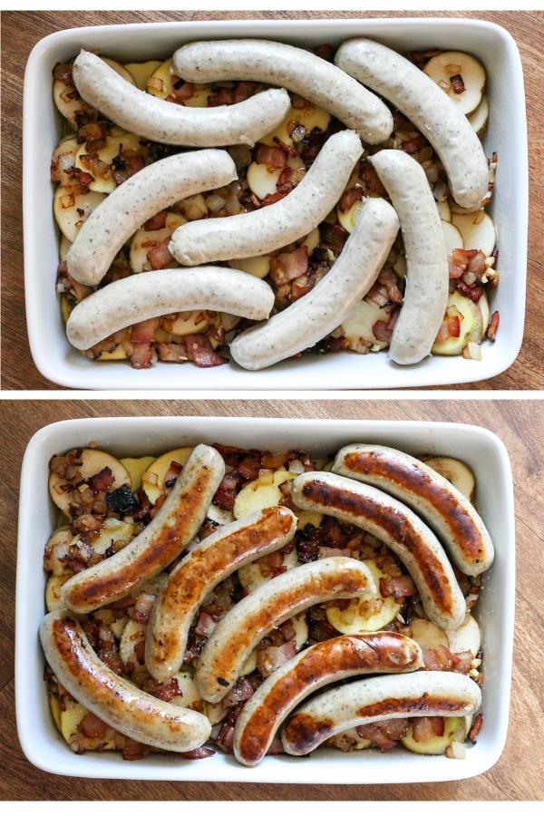 A collage showing the before and after pictures of the casserole dish
