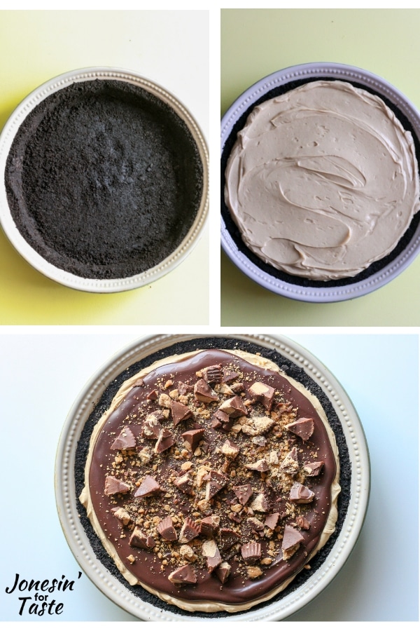 a collage of the steps to make a no bake peanut butter pie
