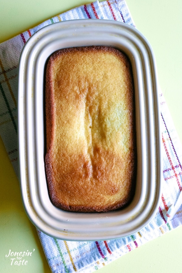 Cooked lemon cake still in the loaf pan