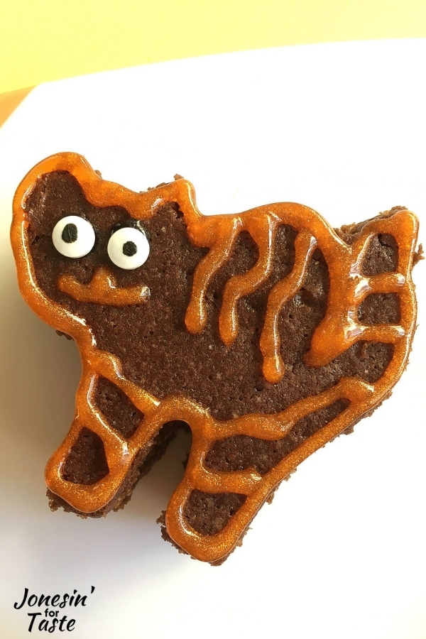 a cat brownie decorated with orange icing