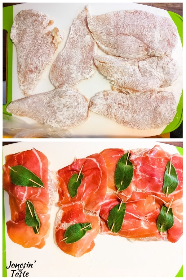 collage of flour dredged chicken on top and with the prosciutto and sage