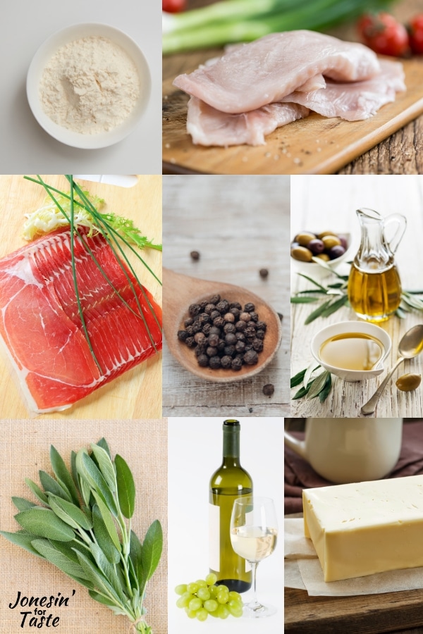 collage showing ingredients needed to make chicken saltimbocca