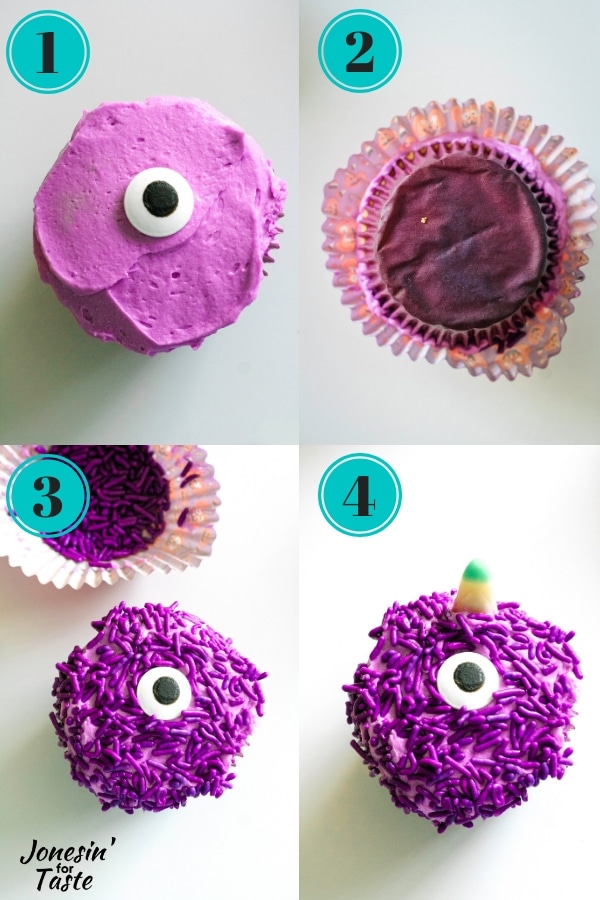 showing the steps to making purple people eater cupcakes